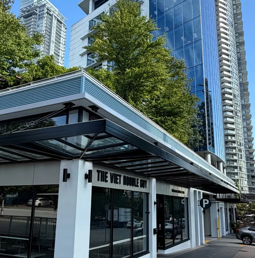The finished storefront canopy at 4445 Lougheed Highway, Burnaby